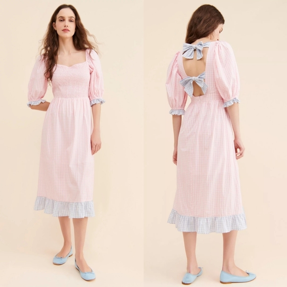 Anthropologie Rahi Alessa Cottagecore Pink Gingham Midi Dress - Picture 1 of 12